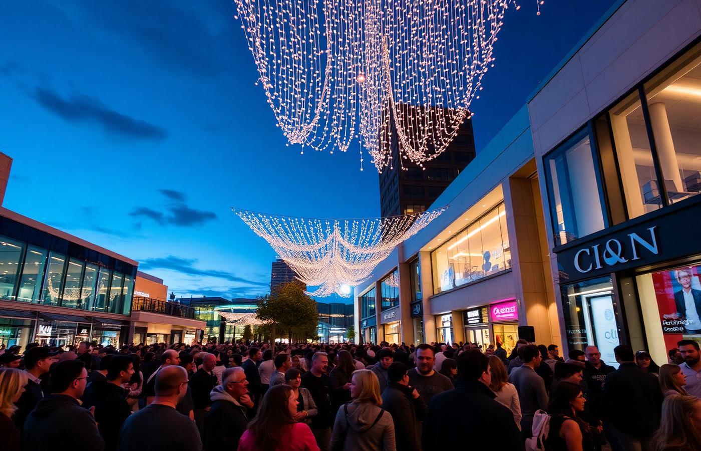 Foule lors d'un événement en soirée dans le quartier
