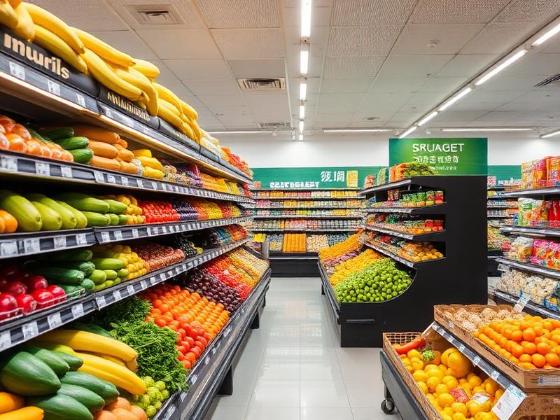 Allée de fruits et légumes dans un supermarché