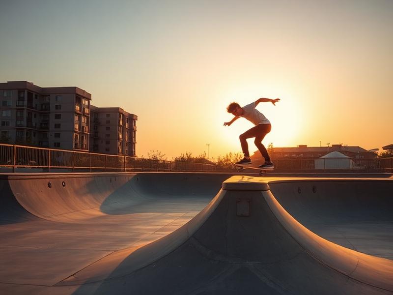 Planchiste dans un skatepark au coucher du soleil