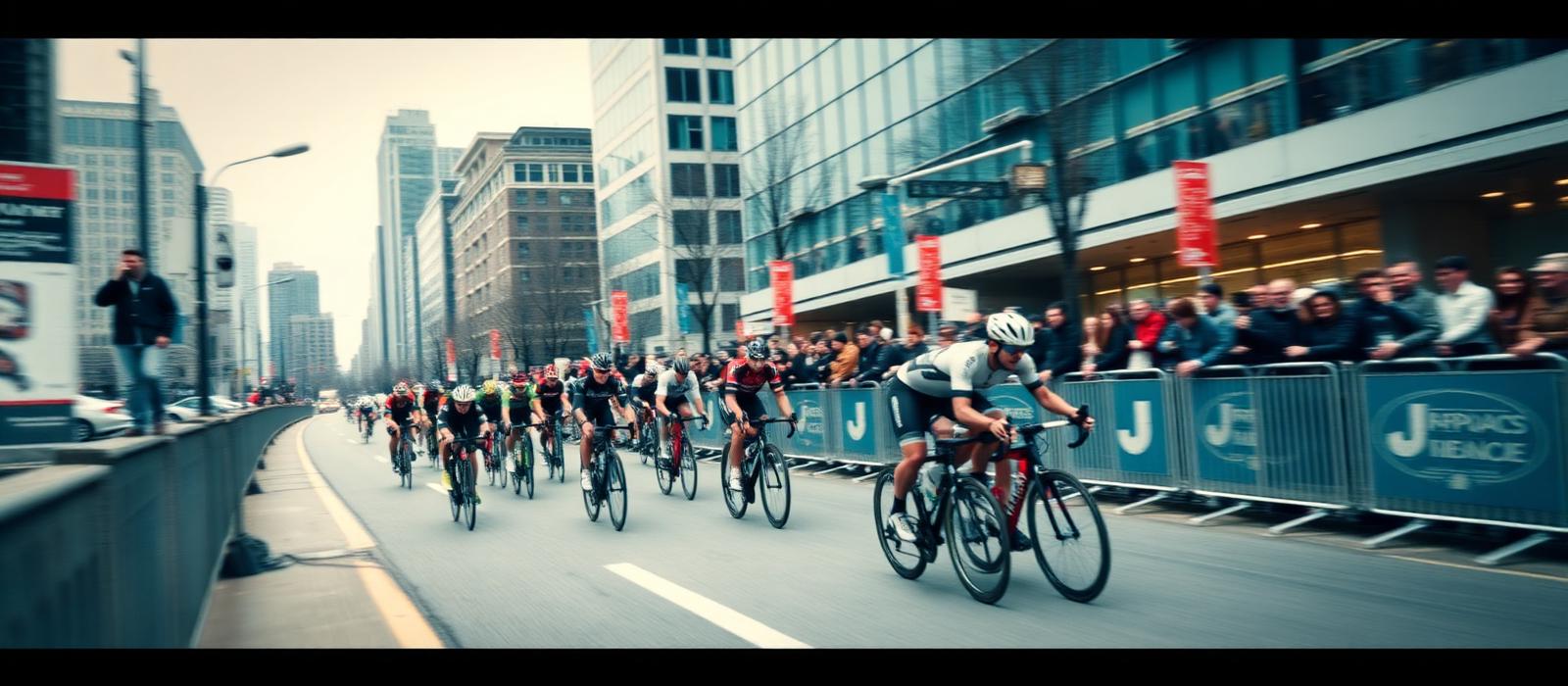 Peloton de cyclistes professionnels dans une rue urbaine
